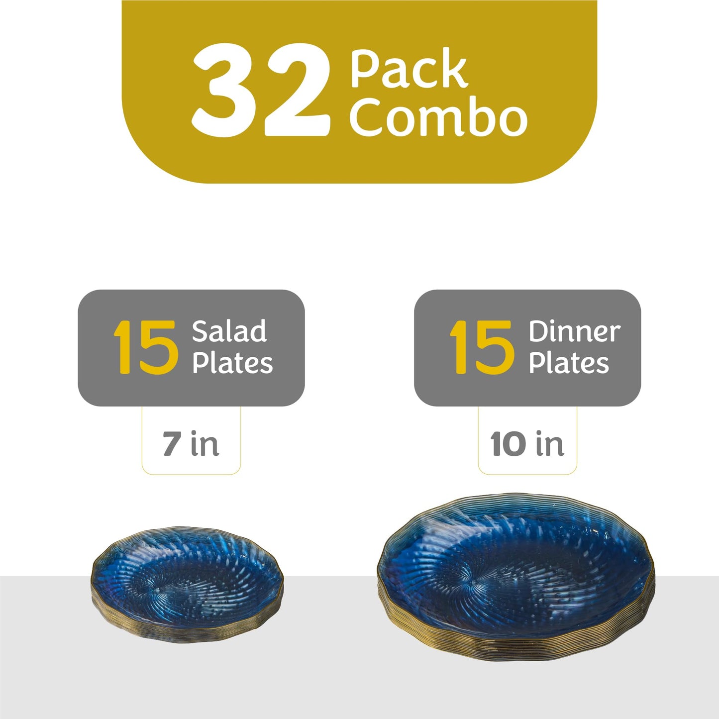 PLASTICPRO 120 Pack Plastic Plates Set of 60-10 inch Plates and 60-7 inch Plates, Elegant Clear Blue Spiral and Gold Rim Disposable Fancy Plates Premium Heavyweight