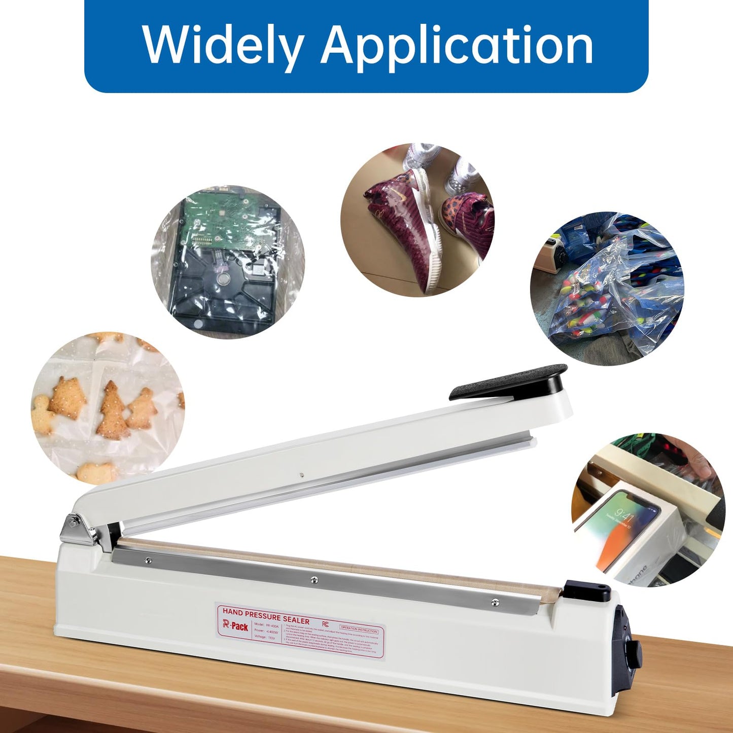 R-PACK Impulse Heat Sealer with Seal bar, Heavy-Duty Bag Sealing & Cutting Machine, 2 Extra Replacements (white, 16inch)