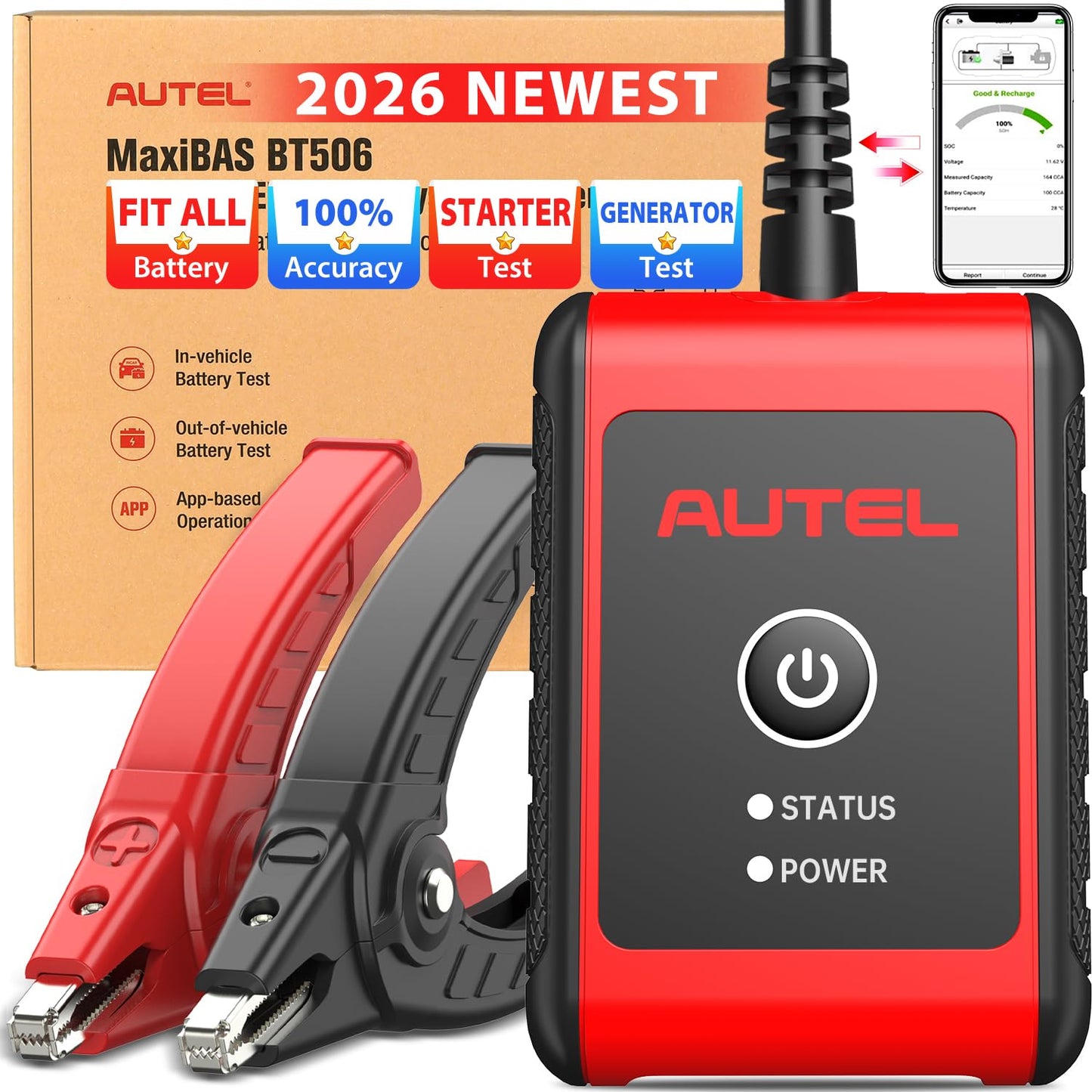 Autel MaxiBAS BT506 Battery Tester, 6V 12V 100-2000 CCA Auto Battery Test Tool, Cranking Charging Electrical System Analyzer, Top Accuracy Adaptive Conductance, in & Out-of-Vehicle Test for All Cars