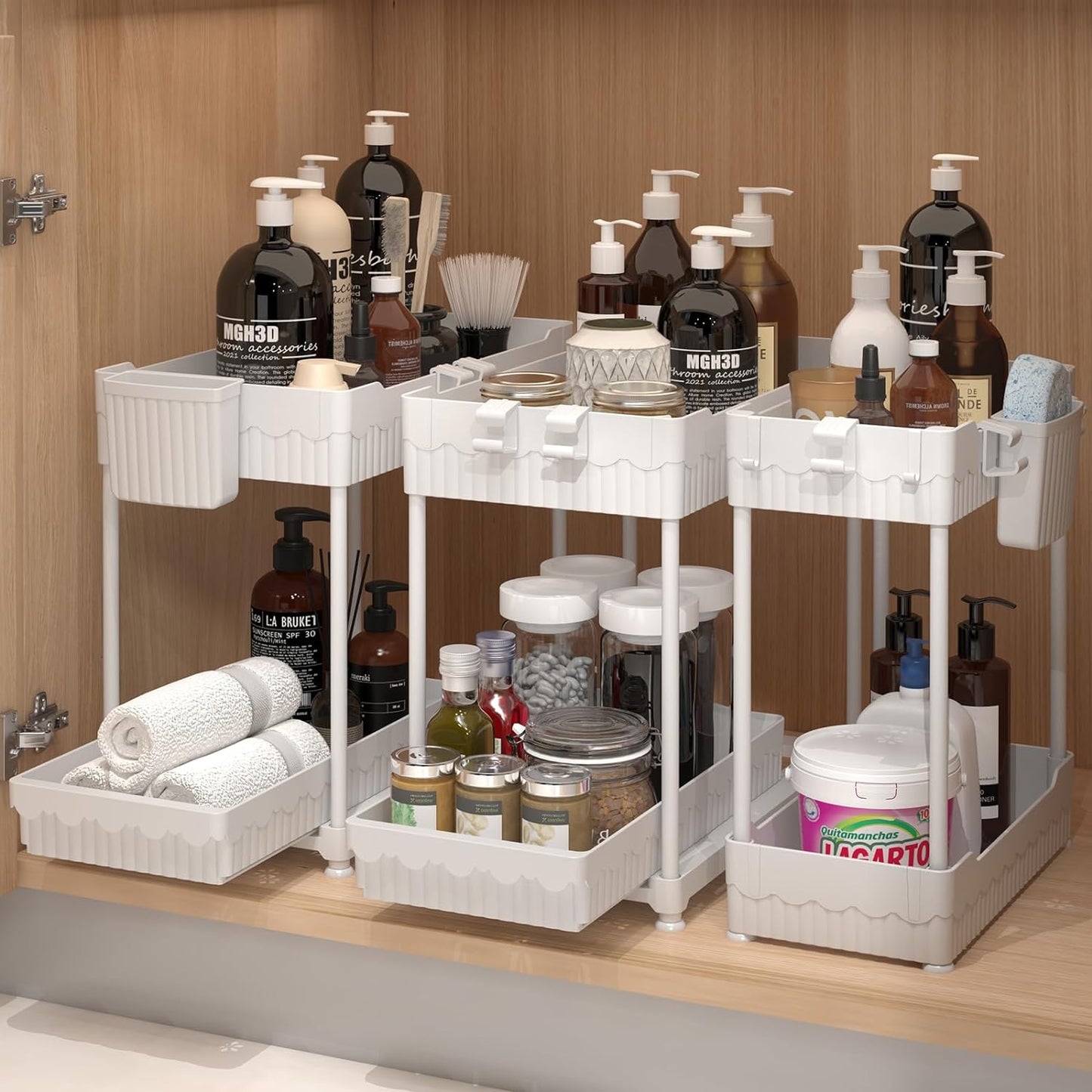 Sevenblue 3-Pack Under Sink Organizers - 2-Tier Kitchen & Bathroom Storage with Sliding Drawers | White, 14.8 Inch