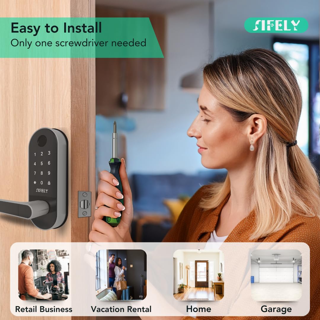 Built-in WiFi Fingerprint Smart Door Lock with Handle & Keypad – Remote Access & Auto-Lock, Keyless Entry for Home, Airbnb & Rental, 6-in-1 Unlock: Code/Card/App/Key, Compatible with Alexa & Google