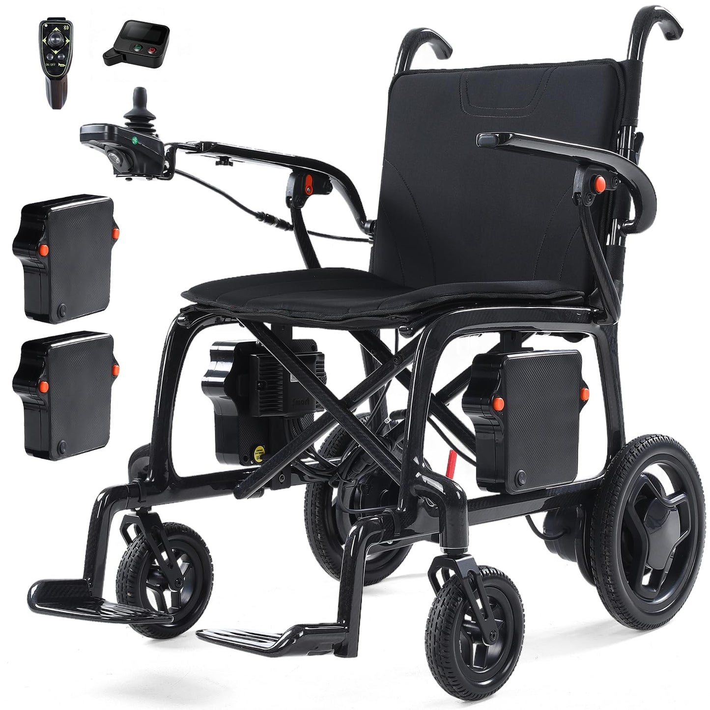 22 lbs Ultra-Light Carbon Fiber Motorized Wheelchair – Foldable, Airline Approved, Remote + Rear Controls, Dual Batteries Deliver 29-Mile Range, Designed for Adults