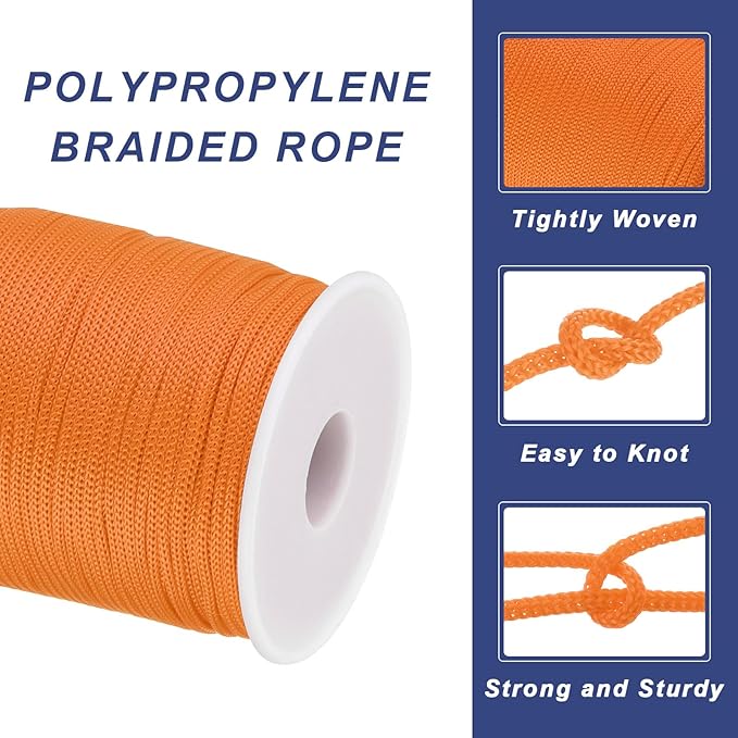 MECCANIXITY 1/12 Inch Polypropylene Rope Braided Ropes, 328ft Nylon Rope Hollow Utility Cord for Clothesline, Camping, Hiking, Outdoor, Light Orange