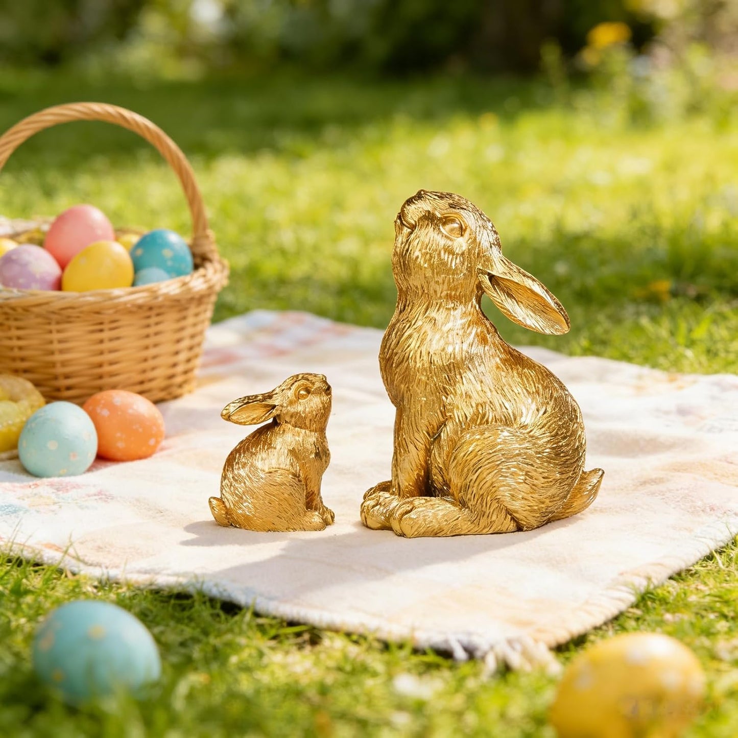 Regine Switzerland Easter Rabbit Resin Statues - Charming Outdoor Patio Decor | 2-Piece Set in Gold