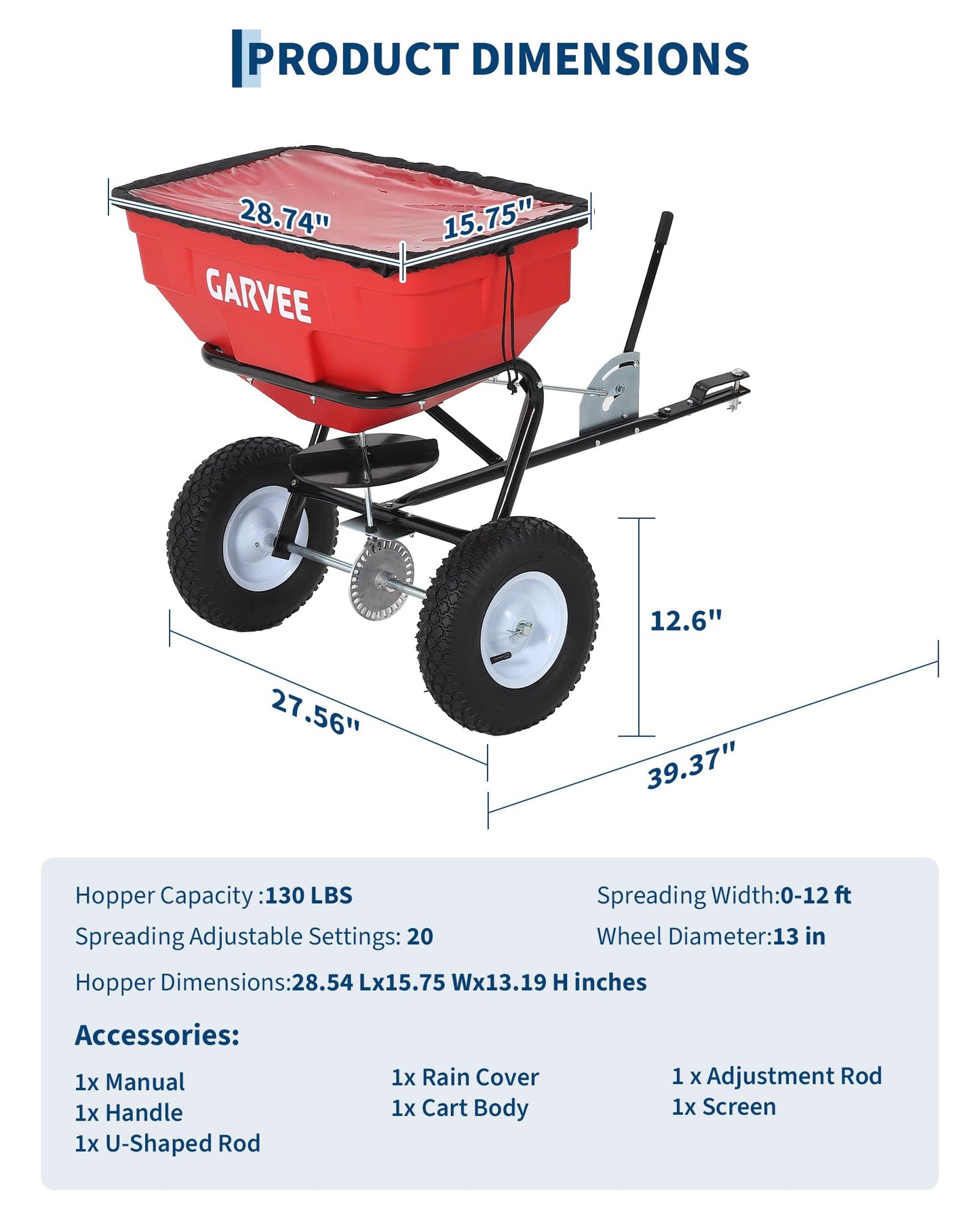 125 LBS Heavy Duty Tow Behind Broadcast Spreader, Adjustable Flow with 30 Settings, 9.8ft Spreading Width, Universal Hook for UTV/ATV/Tractor, Padded Control & Tool Pouch, Compatible with Fertilizer/G