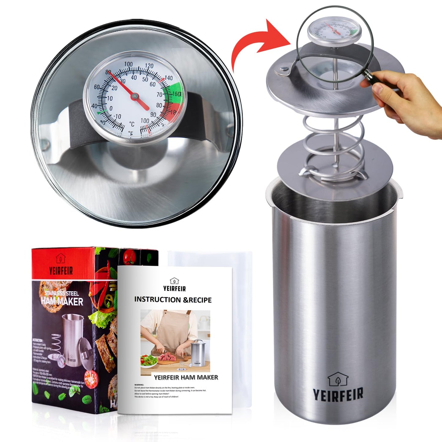 Ham Press with Large Dial Thermometer, 304 Stainless Steel Deli Meat Maker with Cool-Touch Handle for Homemade Healthy Lunch Meat, Includes 20 Cooking Bags & Recipes - YEIRFEIR