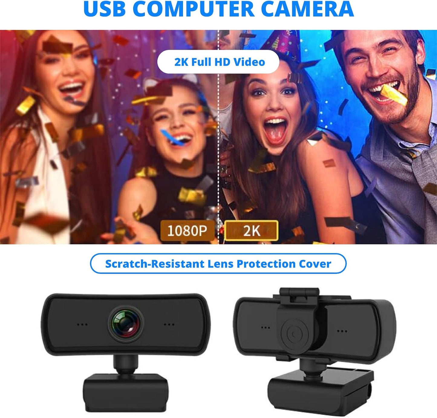 Yunseity 1440P 360 2 Webcam with Microphone, HD USB Computer Web Camera with Rotation, Auto Light Correction Mics