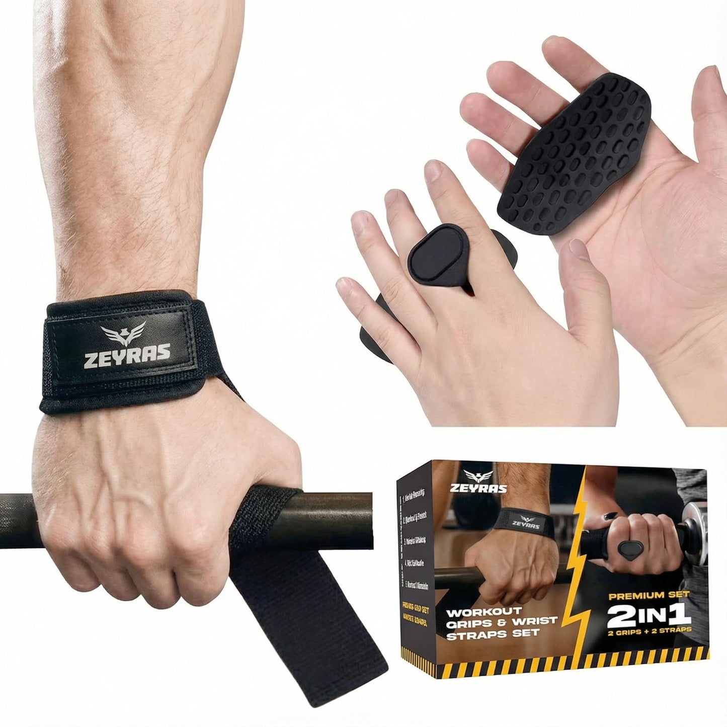 ZEYRAS 2-in-1 Wrist Straps for Weightlifting with Anti-Slip Hand Grips, Gym Lifting Straps with 60 cm Cotton Support, Padded Durable Design, Wrist Lifting Straps Gloves Alternative