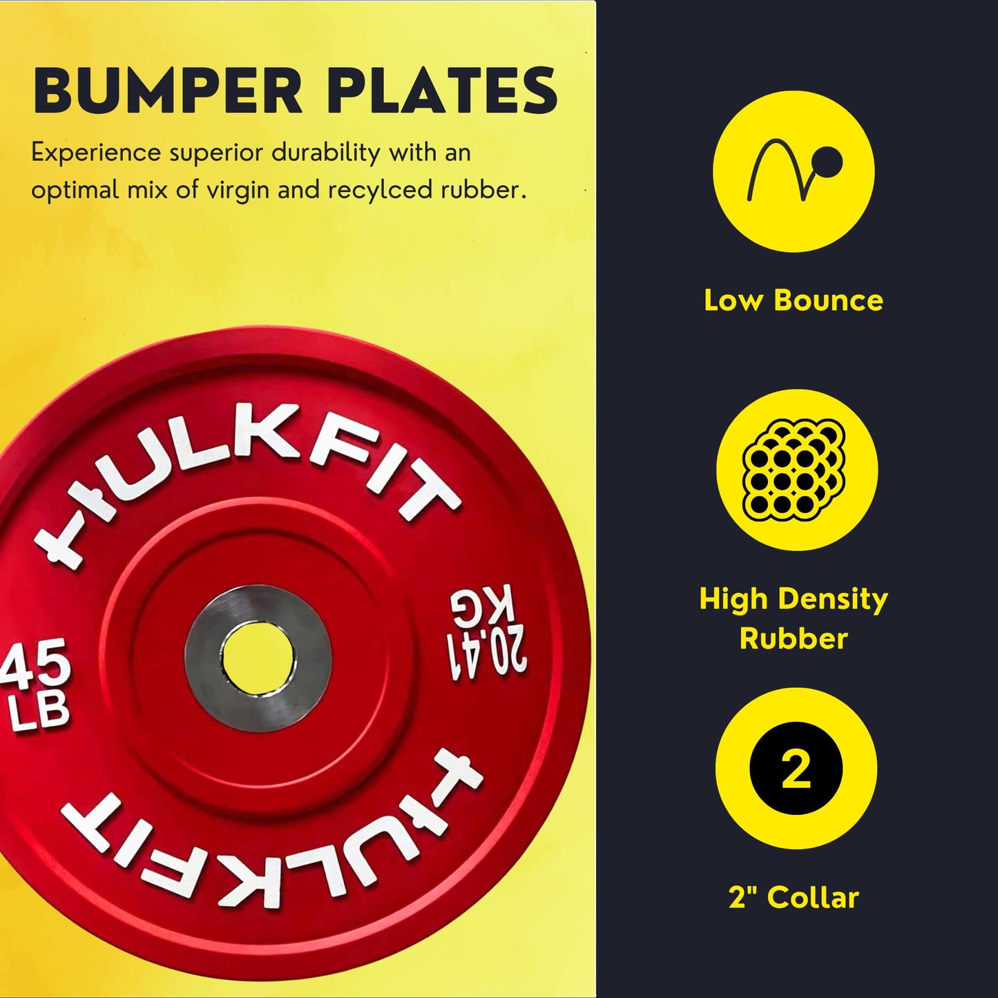 HulkFit Sport Series 2" Olympic Shock Absorbing Rubber Bumper Weight Plates for Barbells - Multi Color 45 lb Single