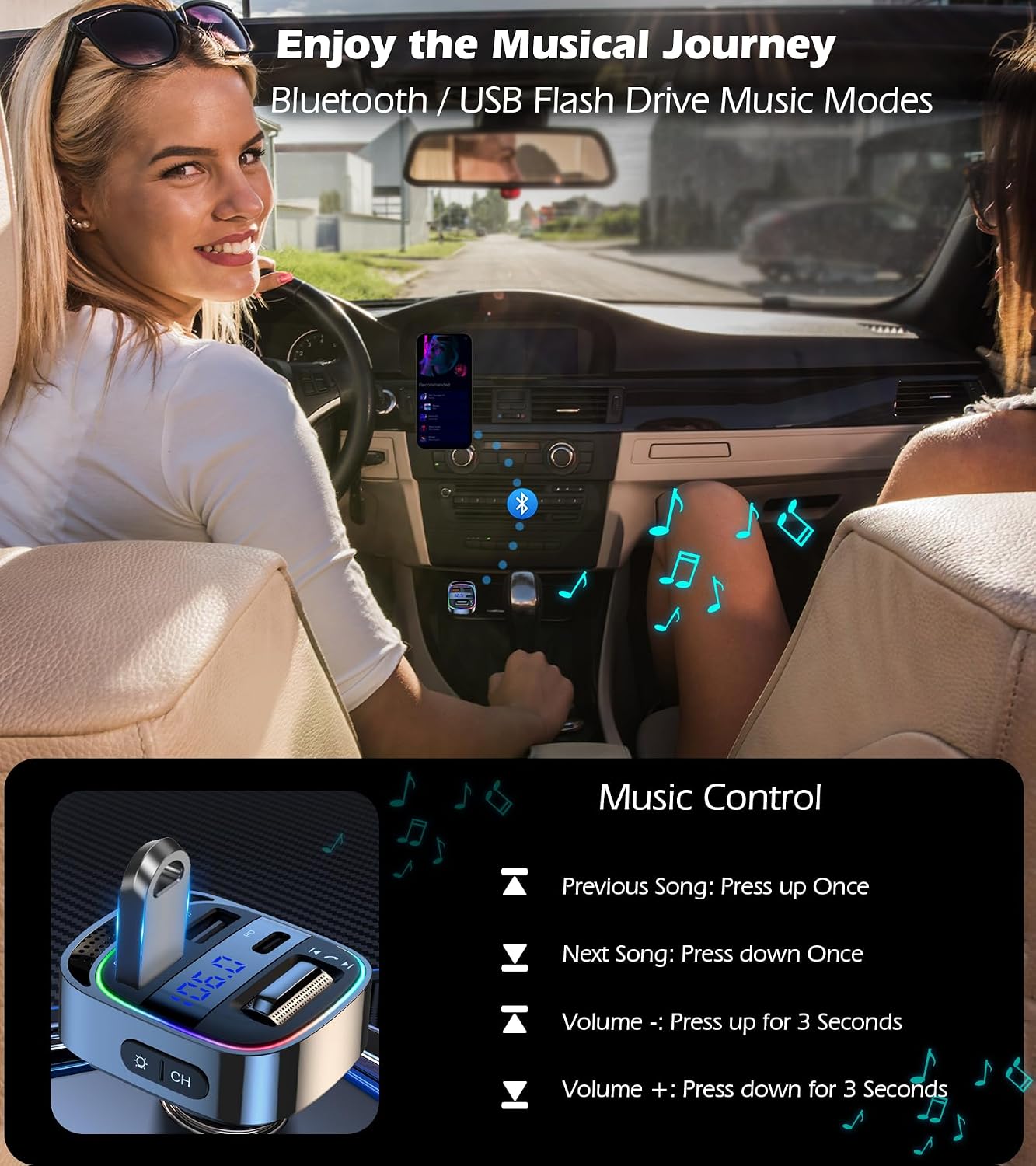 LIHAN 5.4 54W Bluetooth Car Adapter for Older Cars, PD Fast Charging FM Transmitter, Handsfree Call, Crystal Clear GPS