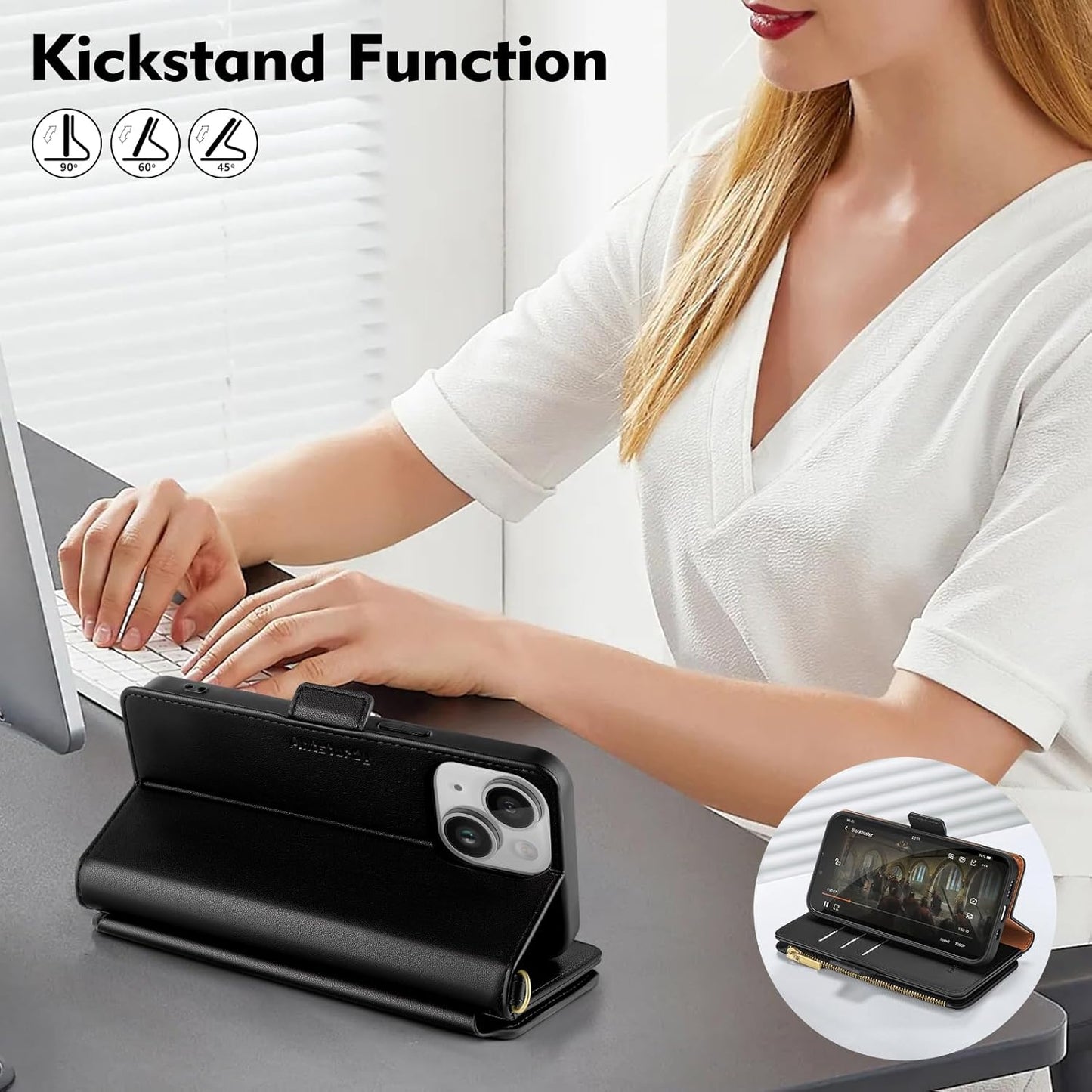 Antsturdy 15 15 6.1",(Black) Compatible with iPhone Wallet Case Card HolderRFID Blocking PU Leather Phone Case Women