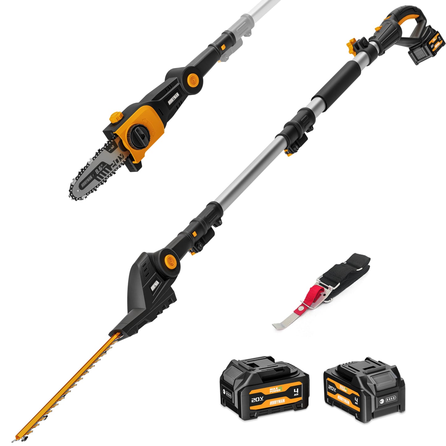 Alloyman 2-in-1 Telescopic Cordless Pole Hedge Trimmer 16-Inch and Pole Saw 8.6-Inch,with 2 Packs 4.0Ah Batteries & Charger,for Tree Trimming and Shrubs Pruning