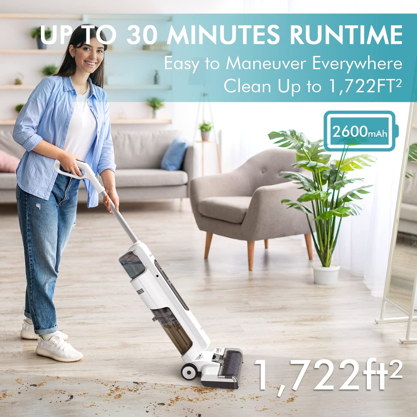 Ecowell Cordless Wet Dry Vacuum Cleaner and Mop, with Self Cleaning for Hard Floor and Area Rug Vacuum Cleaner, 8.2 Pounds