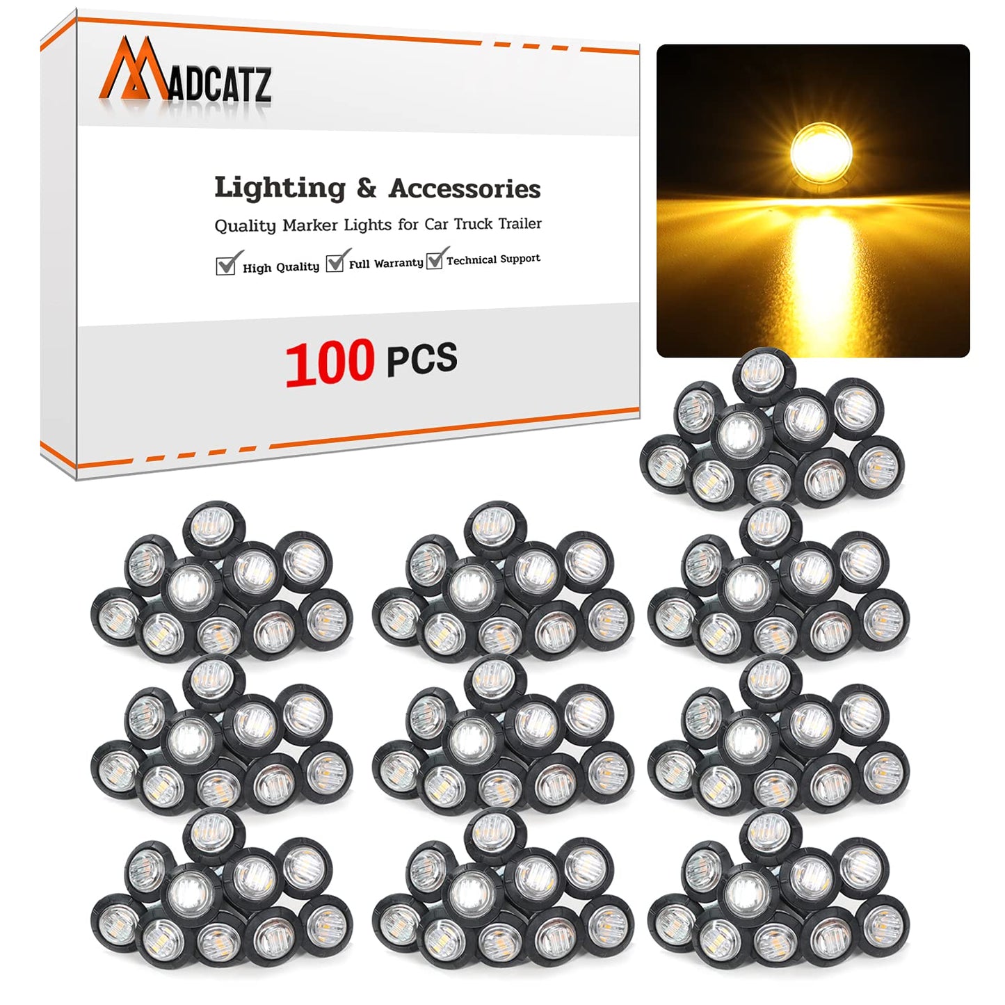 MADCATZ 3/4in Round LED Side Marker Lights, Waterproof, Clear/Amber, 0.8 x 0.75 x 0.75 inches, 100Pcs for