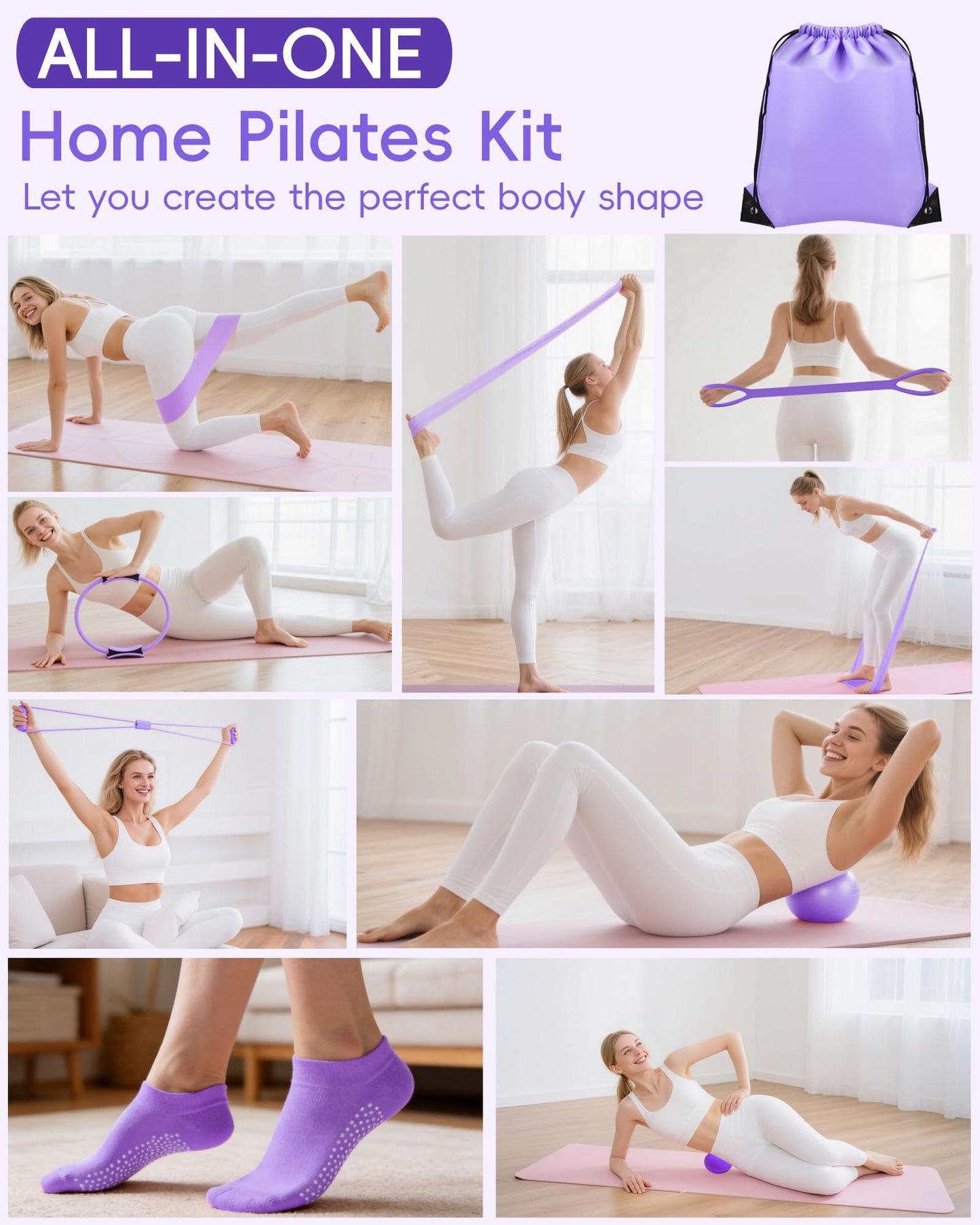 KABCON Pilates Kit for Home, Women Beginners Workout Essentials Set with 13" Ring, 9.8" Ball, Resistance Bands & Guide, 13/14/16 PCS Compact Pilates Equipment