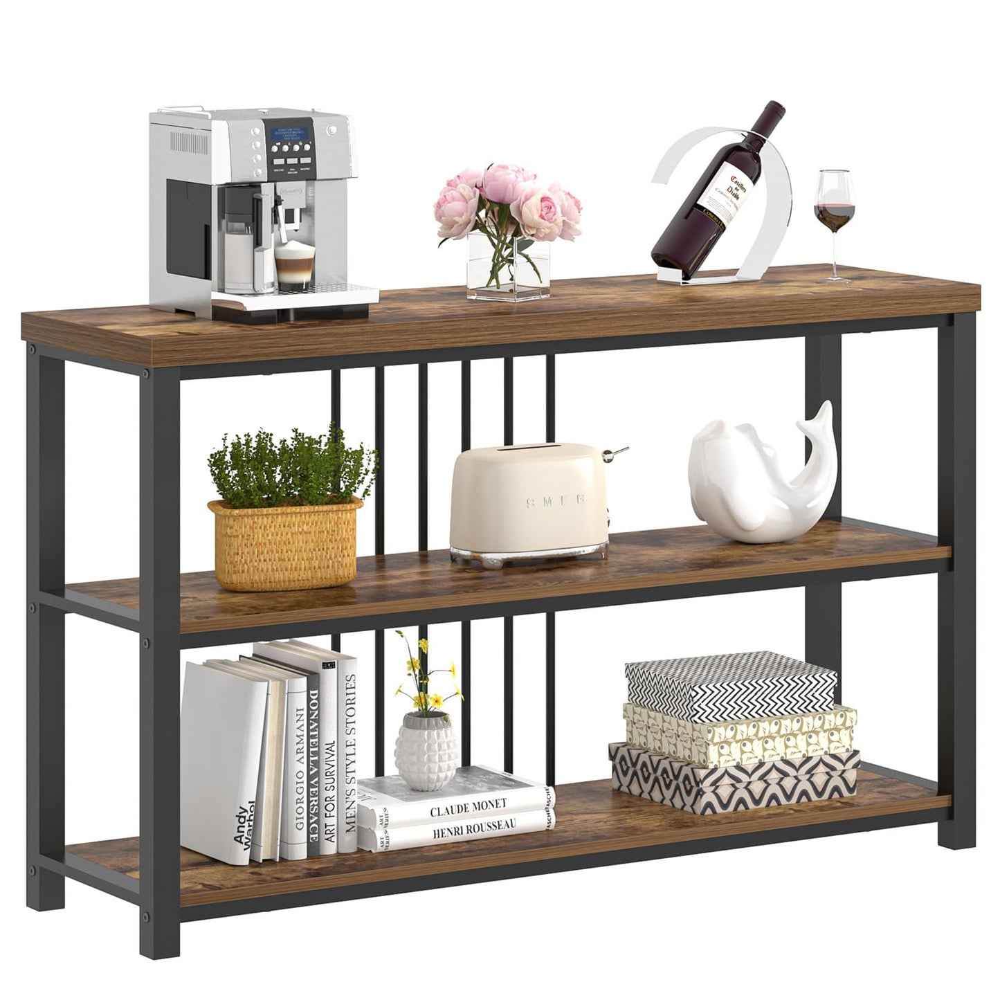FOLUBAN Industrial Console Table, 3 Tier Entryway Sofa Foyer Table for Living Room Hallway Behind Couch, Rustic Brown