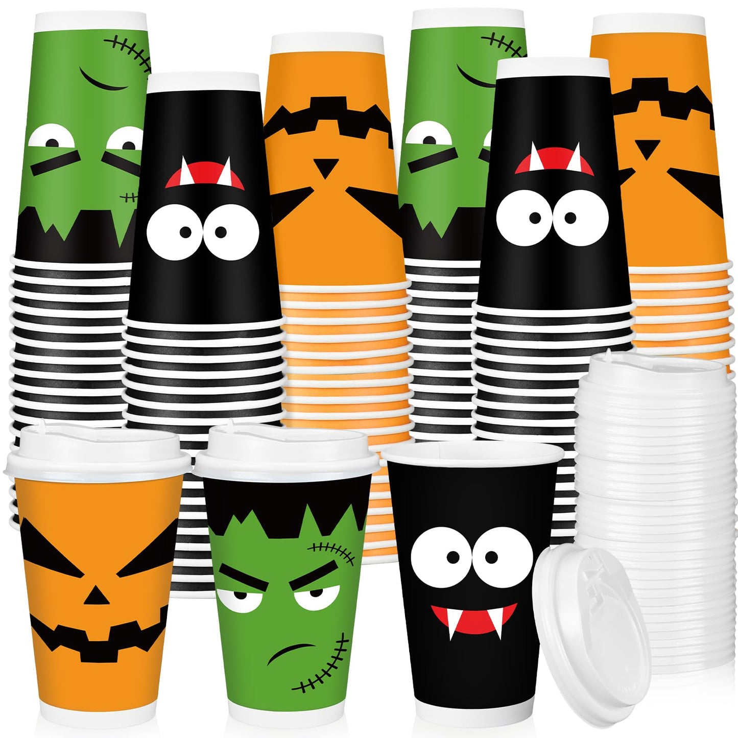Lallisa 120 Pcs/60 Set Halloween Disposable Coffee Cups with Lids 16 oz Disposable Paper Cups Set Halloween Birthday Party Supplies for Hot Cold Drinks Tea Hot Chocolate Cocoa (Face)