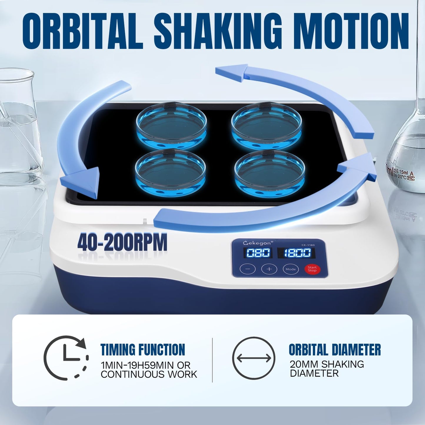 Cekegon Lab Orbital Shaker, 40-200RPM Digital Orbital Shaker, Continuous and Timed Mode for School Laboratory, 10.5"x10.5" Plate Size Orbit Diameter 20mm, Capacity 4.4LB