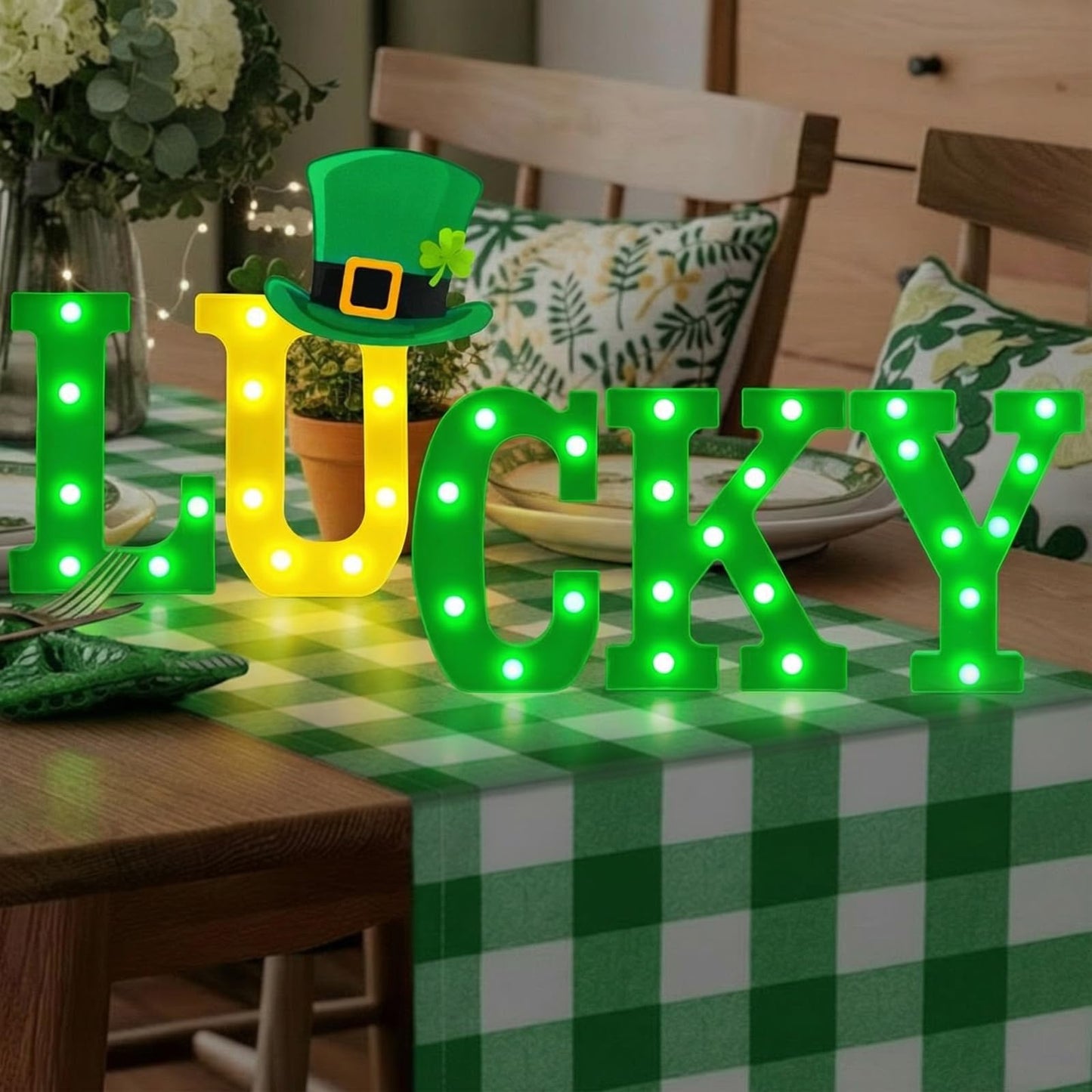 St Patrick's Day Decorations Plastic LED St. Patrick's Day Lucky Sign Marquee Light up Letters Lucky Table Decoration Centerpiece with Leprechaun Hat Card Decor for Home Mantle Irish Party Desk Office
