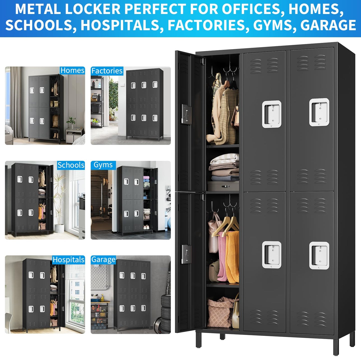 72" Industrial-Grade 9-Door Steel Storage System - 9 Shelves + 29 Multi-Purpose Hooks, Modular Locker Cabinet for Warehouse/School/Home Gym (Reinforced Steel Frame + Anti-Slip Base Plates) - Black