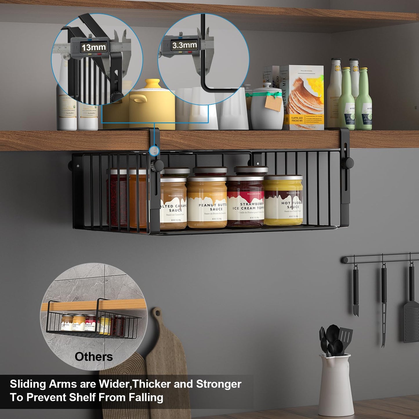 AmonHouseware 2 Pack Hanging Under Shelf Storage Basket,Adjustable Under Cabinet Add-on Storage Racks Slide-in Baskets Organizer for Laundry Room Kitchen Pantry Desk Bookshelf, Black