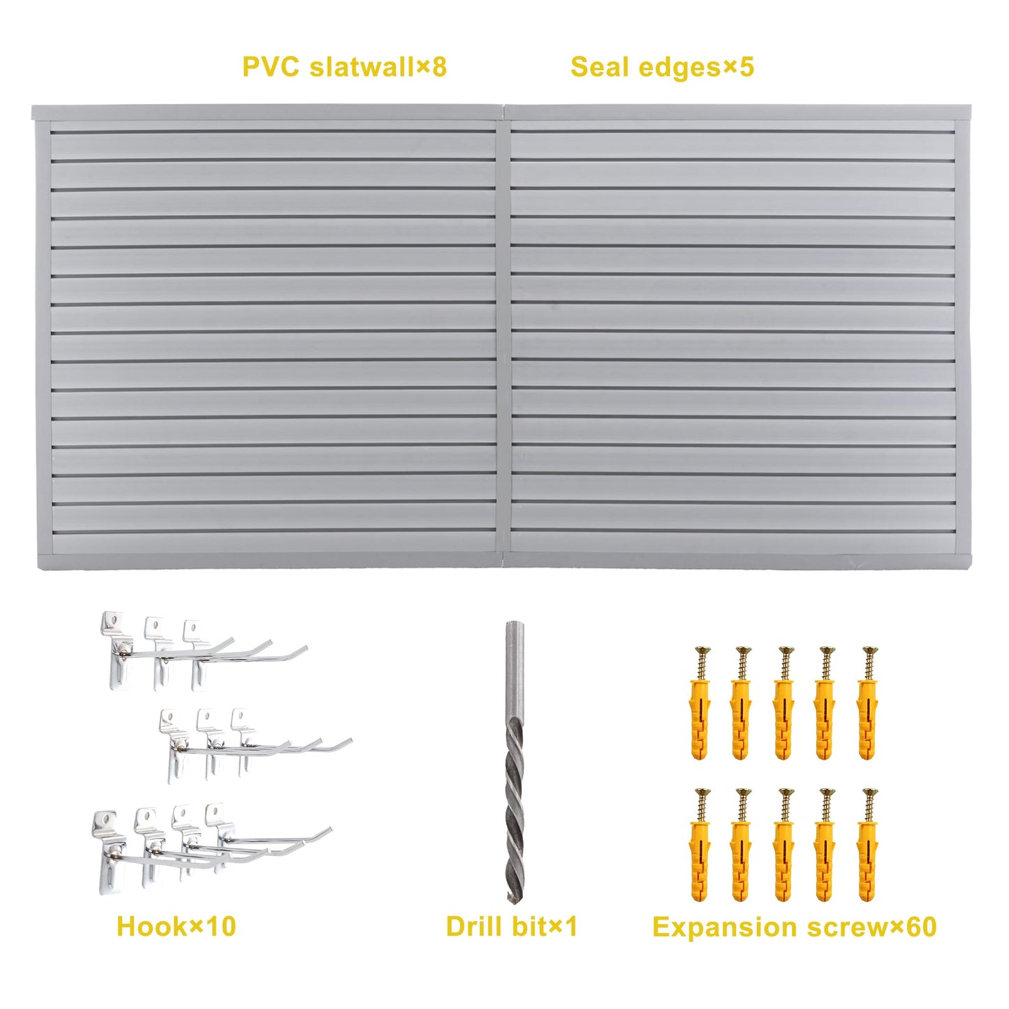 Slatwall Panel Garage Wall Organizer Storage Systems, Wall Mounted PVC Storage Rack with 10 Hooks, Interlocking Workshop Slat Wall Paneling Sheets Board Shelves Tools Organization-Grey (8’H x 4’W)