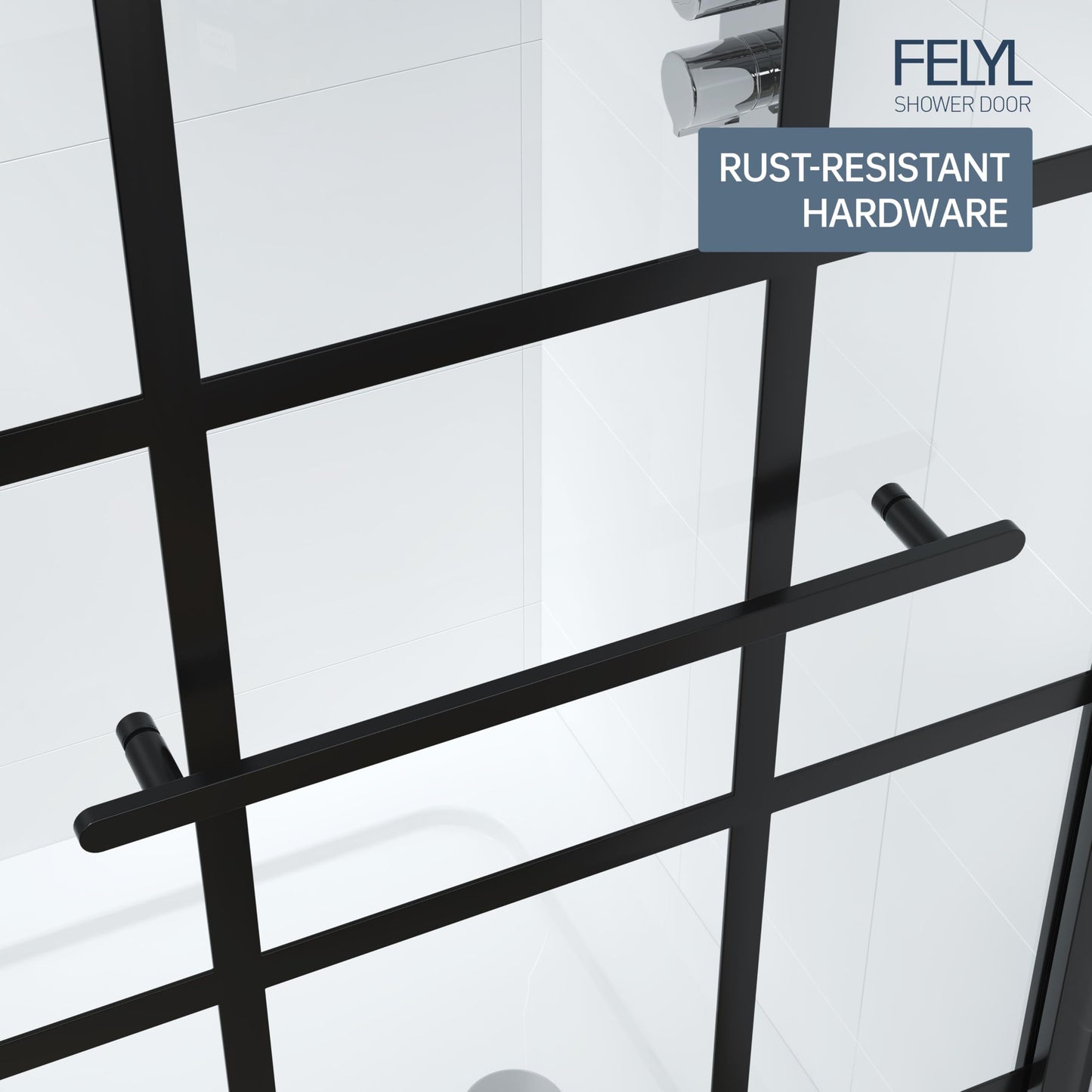 FELYL Black Grid Sliding Shower Door 43-48" W x 72" H, Matte Black, Single Sliding Door, Framed, 1/4" (6mm) SGCC Tempered Glass, Reversible Installation