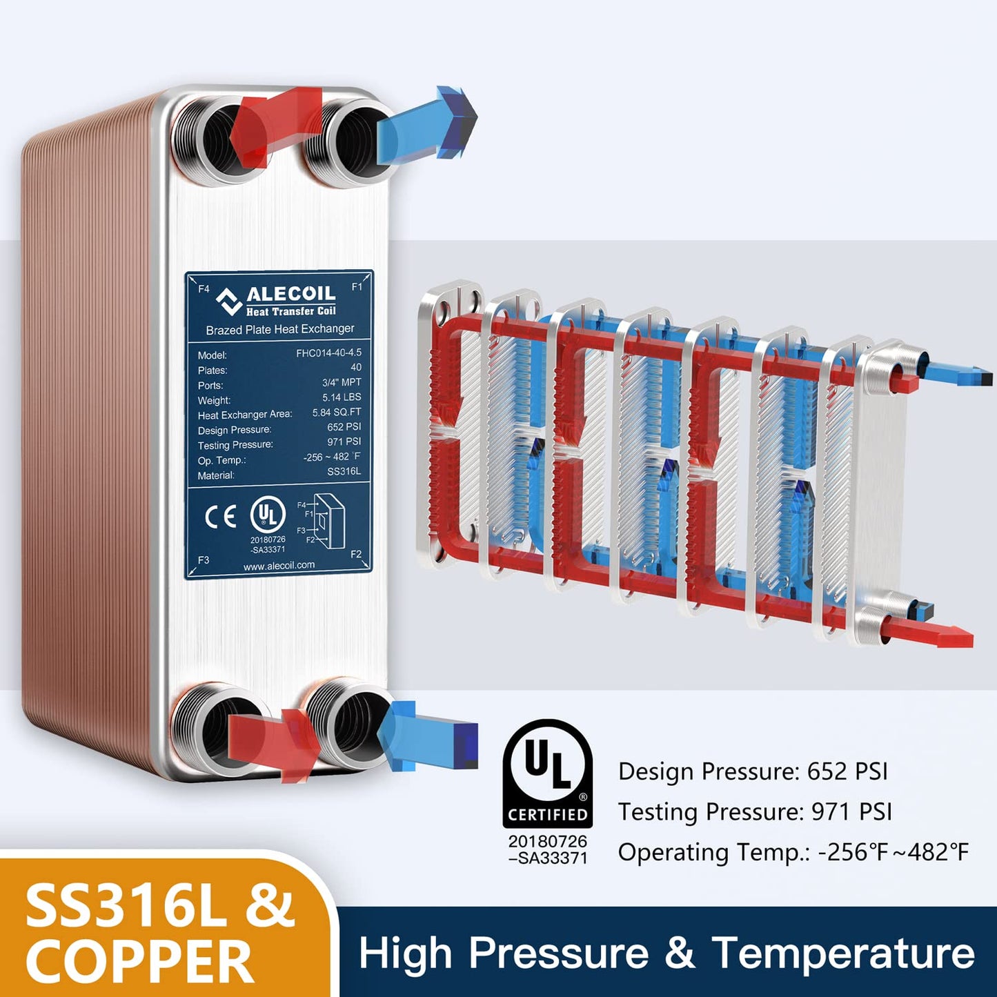 3"x8"-40 Plates Heat Exchanger with 3/4" MPT Port Water to Water 316L Stainless Steel Brazed Plate Heat Exchanger for Water Heating, Floor Heating, Industrial and Commercial Refrigeration