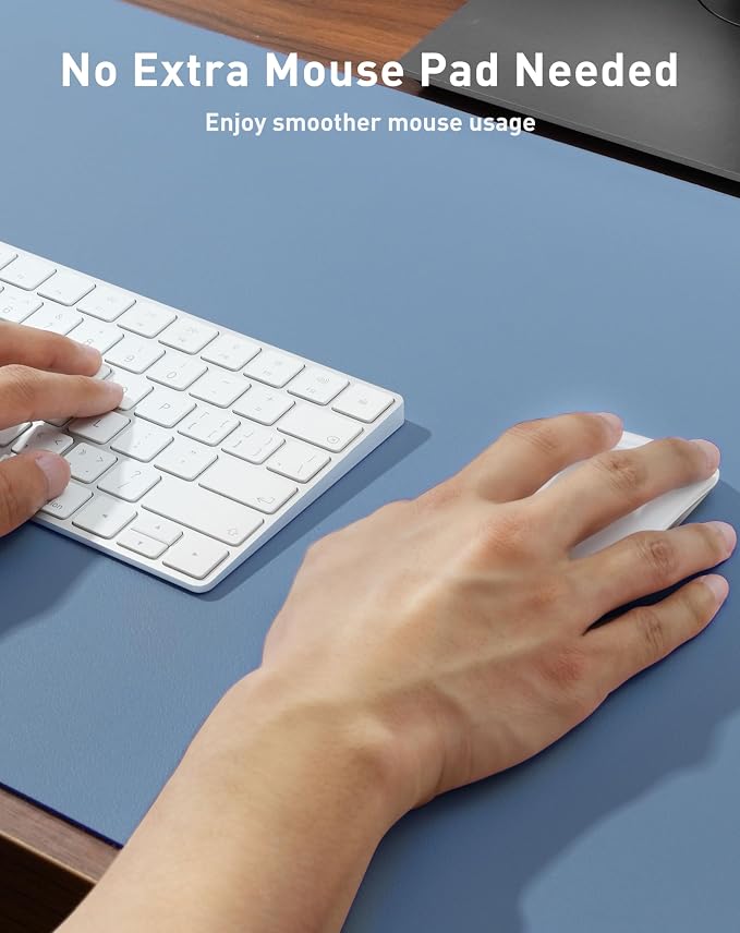 Aothia Faux Leather Desk Mat - Large Mouse Pad, Non-Slip PU Leather Blotter, Waterproof Writing Surface for Office and Home (Denim Blue, 42" x 17")