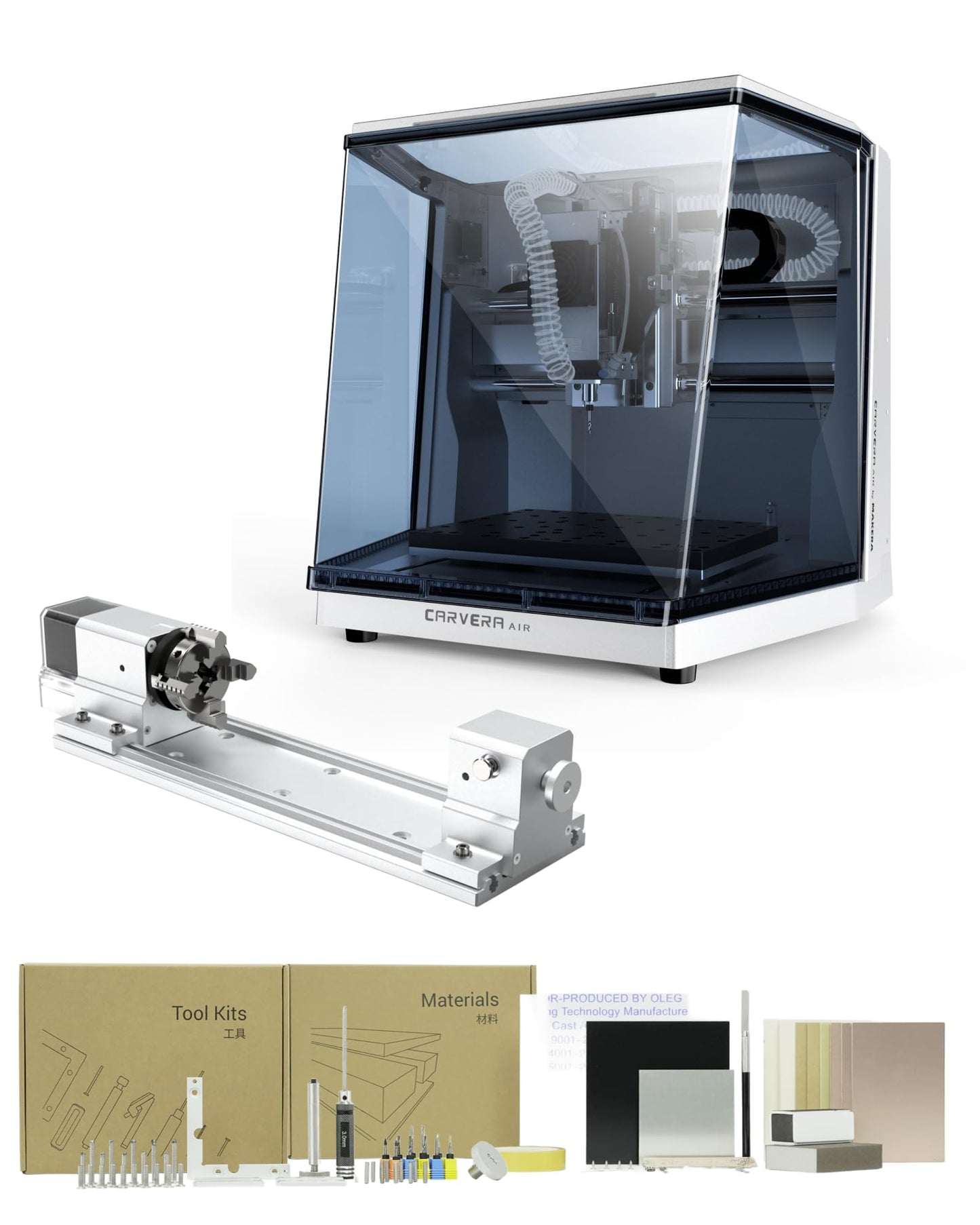 Carvera Air Desktop CNC Machine with 4th Axis, Compact Enclosed Mini CNC Router Mill, Quick Tool Changer Closed-Loop Control, Makera CAM, High Precision 4th Axis for DIY Makers Workshops Metal Wood