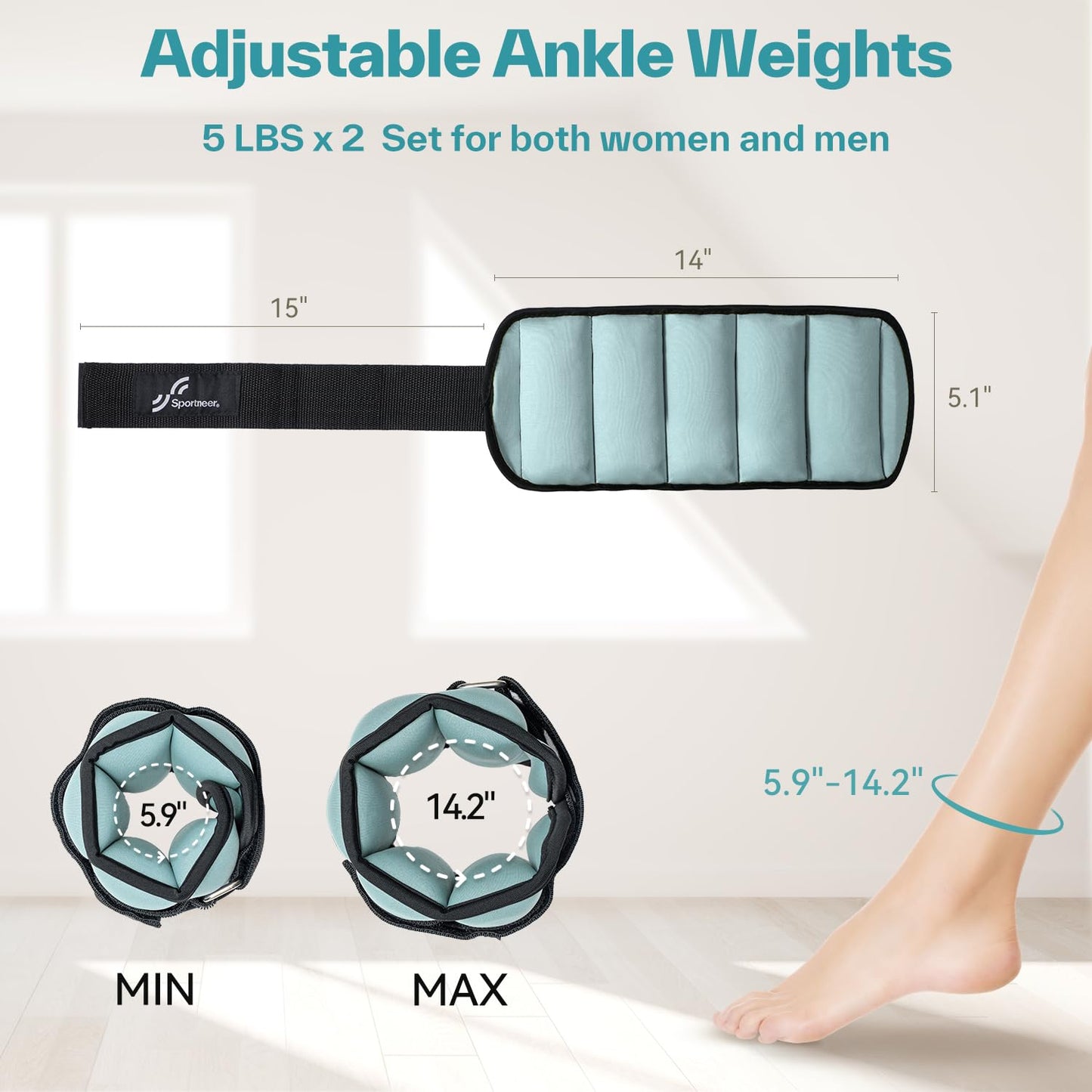 Sportneer Adjustable Ankle Weights for Women and Men：1 Pair 1 2 3 4 6 7 8 10 lbs Upgraded Easily Adjustable Leg Weight, Weighted Wrist Weight Strap for Gym, Fitness, Workout, Walking, Dancing (Black, 5 lbs x 2)