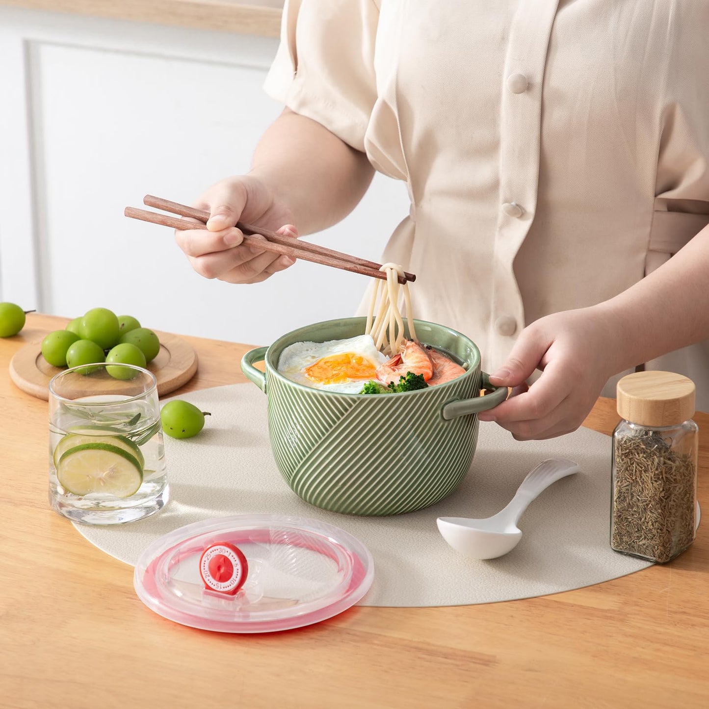 Adewnest Ramen Bowl with Lid: 32oz Ceramic Soup Bowl Set with Spoon & Chopsticks for Instant Food Noodle Office Lunch Dorm Living - Microwave Safe Portable Storage - Green