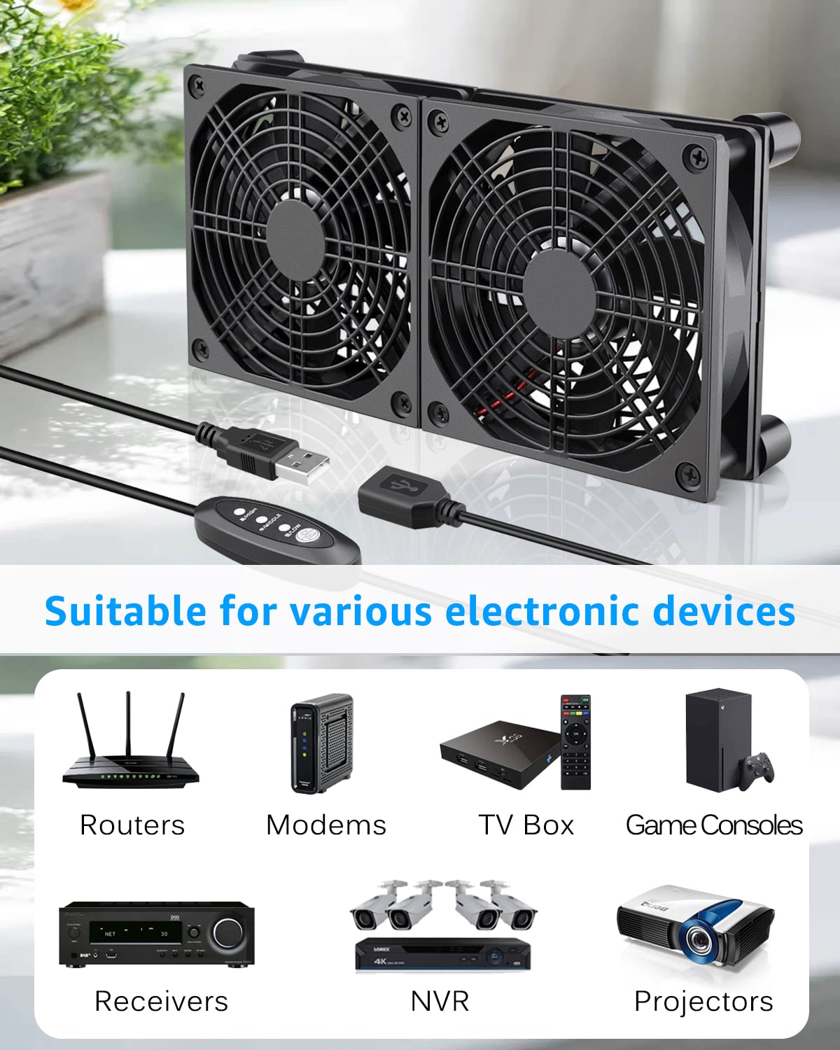 3 5V 120mm GDSTIME Quiet Router Fan Cooler with Speed Control, L/M/H, DC USB Powered Dual Computer Cooling Case Fan