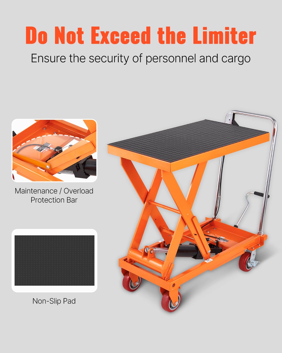 VEVOR 1100 LBS Hydraulic Lift Table Cart with 11"-35.4" Lift Range, Hydraulic Scissor Cart with Non-Slip Pad & 4 Wheels, Manual Single Scissor Lift for Material Handling and Transportation