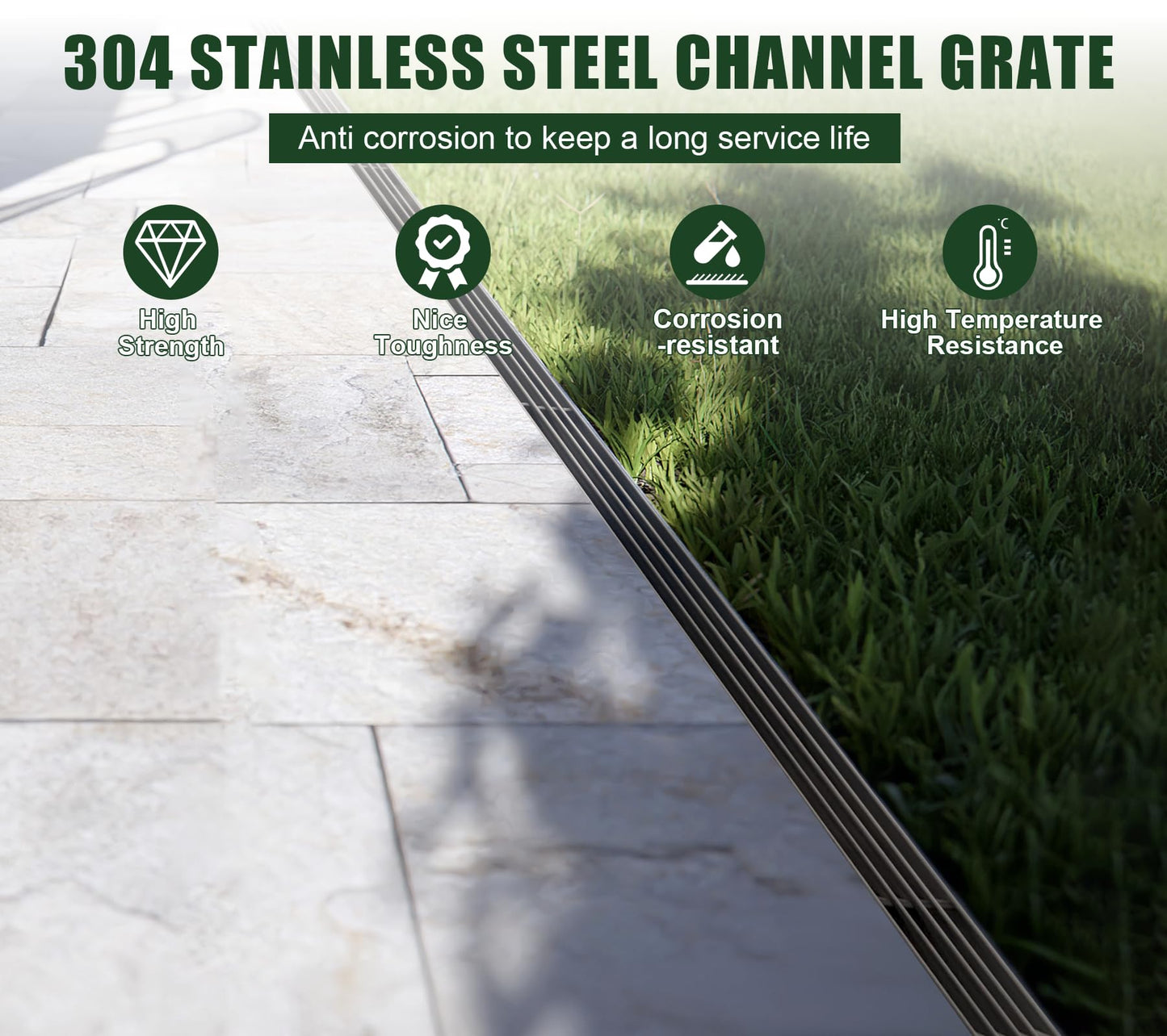 Natotela Slot Channel Drain with 304 Stainless Steel Grate-39.4Lx6.3Wx10.9H in. Deep Profile Trench Drain System for Landscaping,3 Pack Total Length 118.2in,A15 Hidden Drain Channel