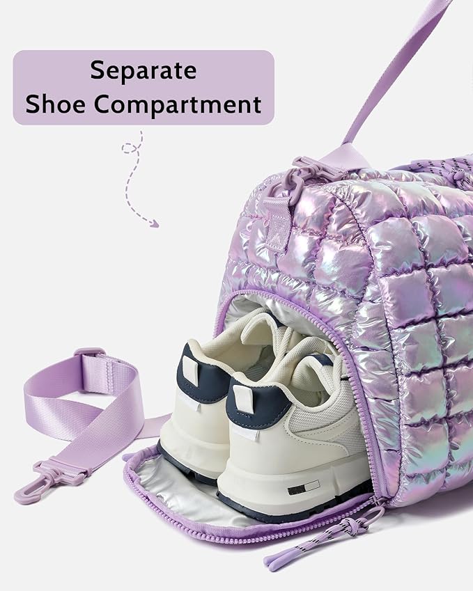 Quilted Duffel Bag for Women, Puffer Gym Duffle Bag with Shoe Compartment Lightweight Large Crossbody Sport Travel Bag Tote Purple Lilac