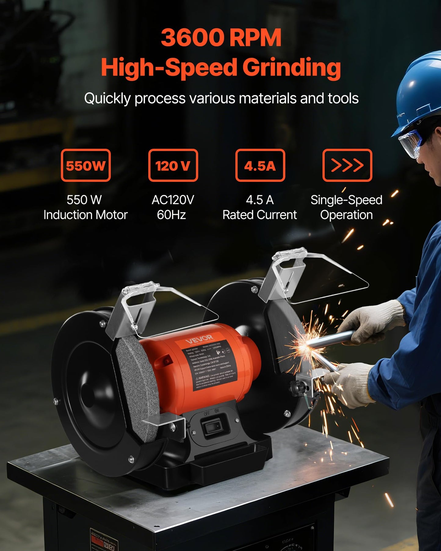 VEVOR Bench Grinder, 8-inch Single Speed, 3450RPM High-Speed Table Grinders with 550W 4.5A 3/4Hp Induction Motor, 36/60-Grit Grinding Wheel & Adjustable Eye Shield for Fast Sharpening Grinding