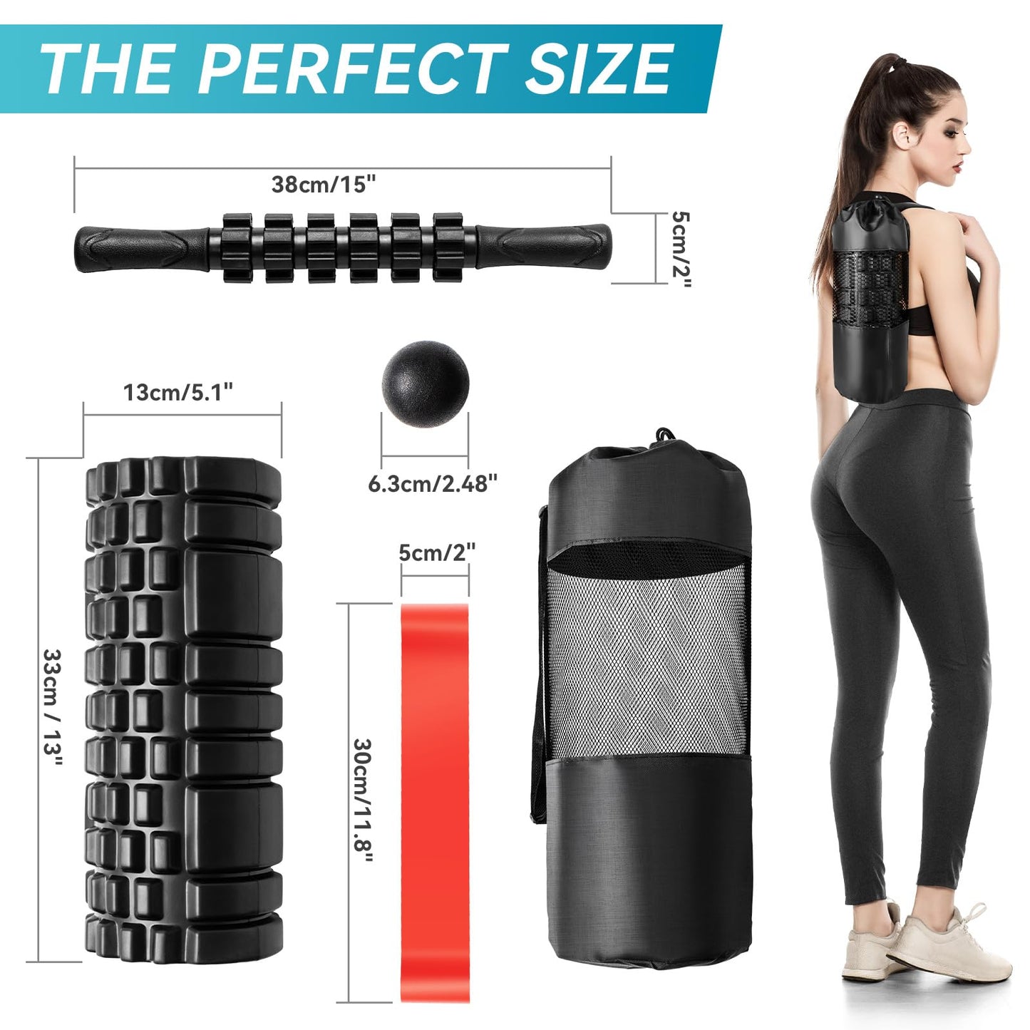 Krightlink 5-in-1 Foam Roller Set - Deep Tissue Muscle Recovery Kit with High Density Exercise Roller, Massage Ball, Resistance Band & Carry Bag for Physical Therapy & Pain Relief (Black)