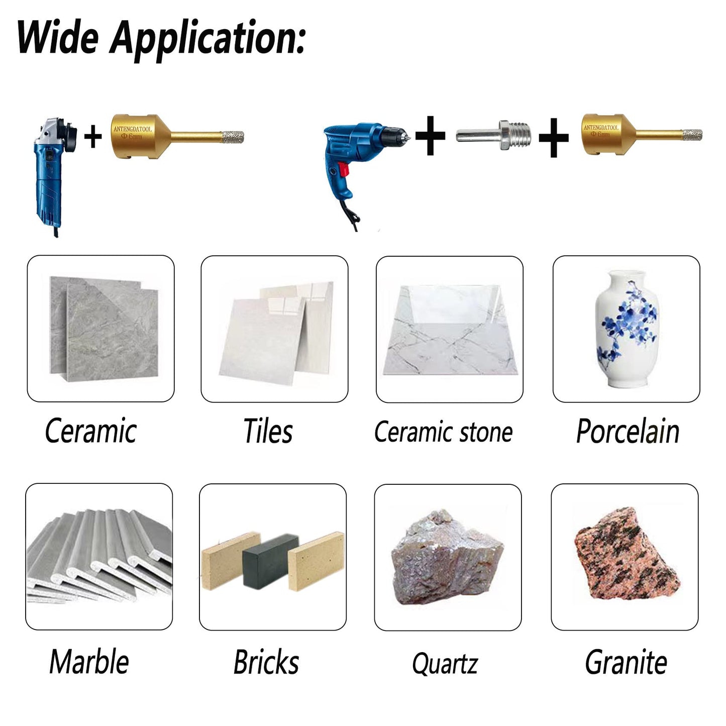 Antengdatool Dry/Wet Diamond Hole Saw Kit, Porcelain Tile Core Drill Bits Set Cutter for Ceramic Marble Brick Granite Stones Angle Grinder(6/8/10/20/25/35/50/75/100,50mm)