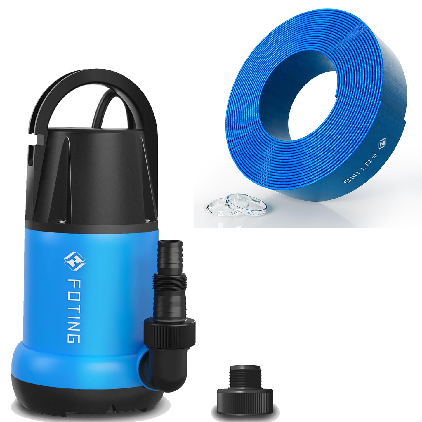 FOTING Sump Pump with 50FT Pool Backwash Hose 1-1/2 IN, 1HP Clean/Dirty Submersible Water Pump, 4600GPH Utility Pump Thermoplastic Electric Portable Transfer Water Pump for Swimming Pool Garden Pond B