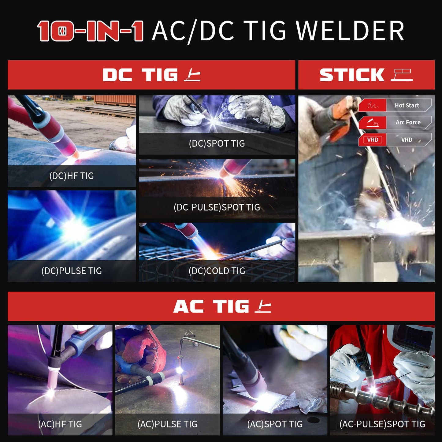AWT AC/DC 200A TIG Welder Machine With Pulse,10 IN 1 Aluminum TIG Welder 110V/220V With LED Display,AC DC HF TIG/PULSED TIG/COLD TIG/SPOT TIG/STICK Welding Machine with 2T/4T