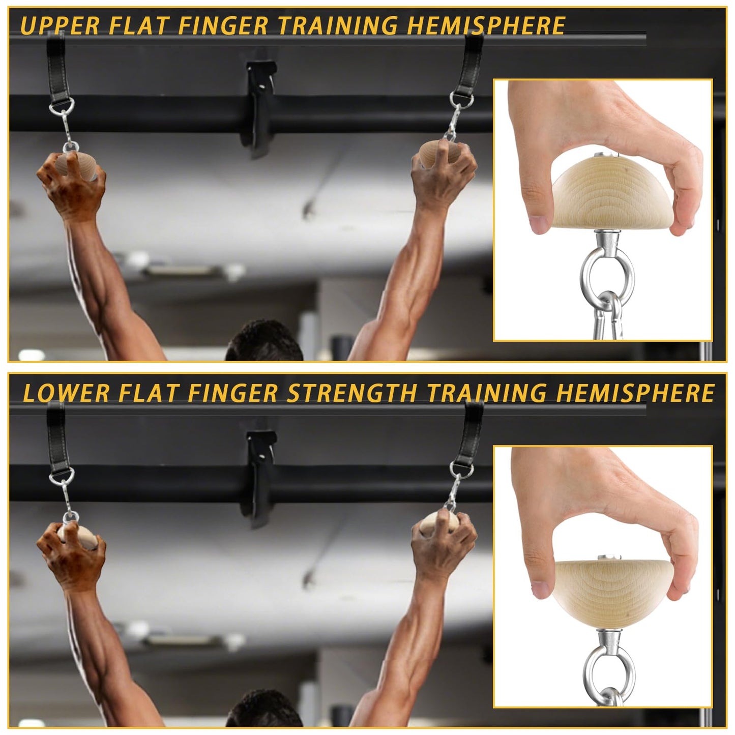 WRIST FIGHT Wooden Grip Balls for Pull-Ups – 2-in-1 Flat Top & Half-Sphere Design – Beech Wood Forearm Strength Trainer with Straps & Metal Clips – for Climbers & Athletes