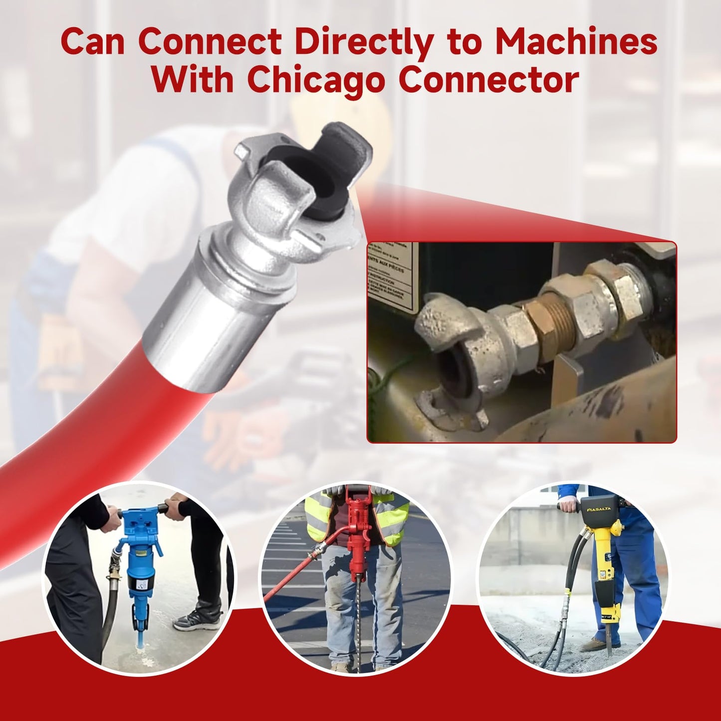 3/4 inch * 100FT Red Rubber Air HoseChicago Connectors Air Compressor Hose 100% Rubber, 300 PSI, 50F to 190F Degrees High Strength Polyester Braided Replacement Air Line Kit