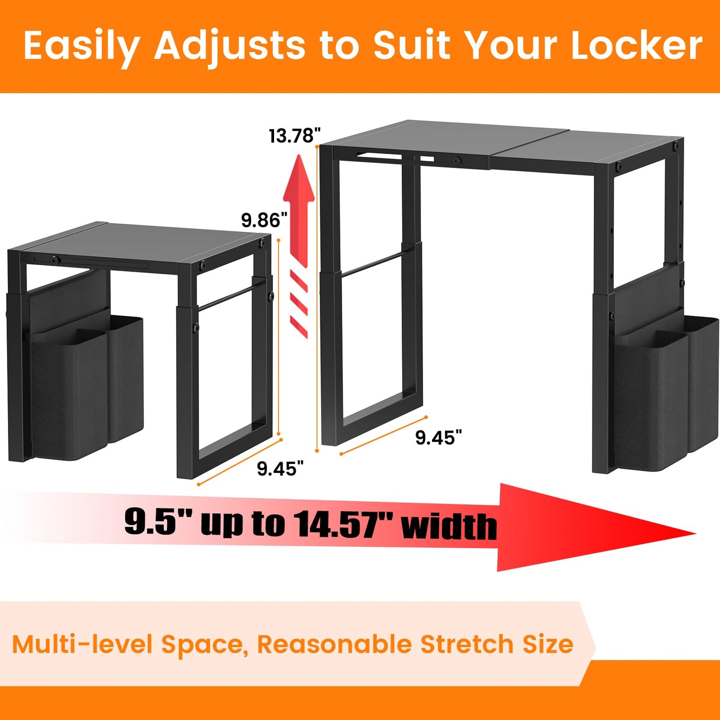 Locker Organizer Shelf, Metal Adjustable Width and Height, Ideal Locker for School, Office, and Gym Lockers, Extends Locker Storage Organization with Pockets, Black
