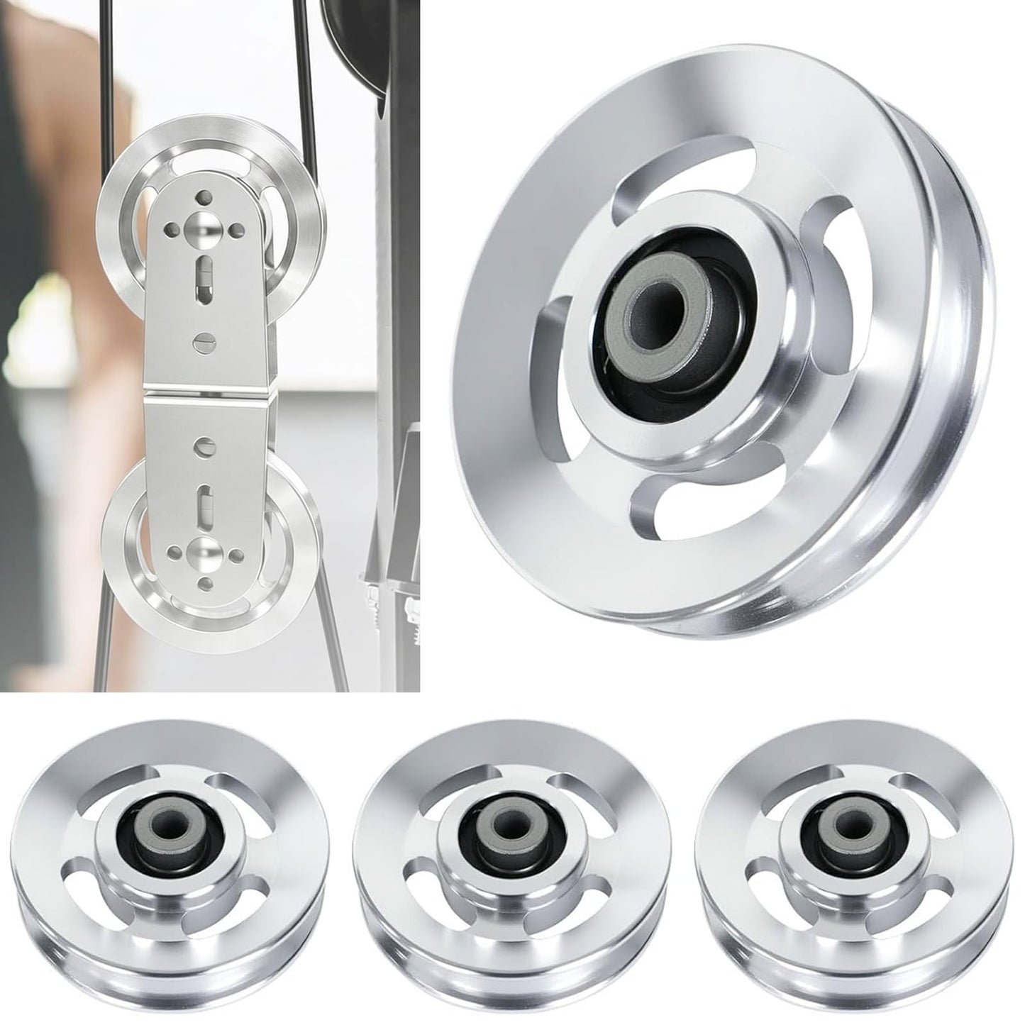 Wozafepp 4Pcs 90mm Aluminum Alloy Gym Pulley Wheel, Universal Silent Cable Machine Pulley, Heavy Duty Bearing Pulley for Home Gym Equipment, Fitness Pulldown Attachments Replacement Parts (Silver)