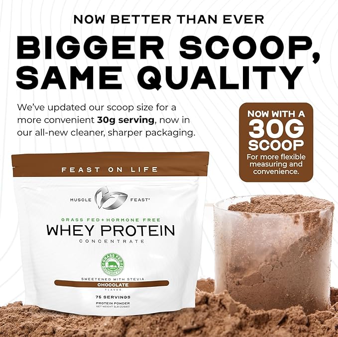 Muscle Feast Grass-Fed Whey Protein Concentrate Powder, All Natural, Hormone Free Pasture Raised Whey Protein Powder for Women & Men, Clean, Non-GMO & Gluten Free Whey Concentrate - Chocolate, 2lb