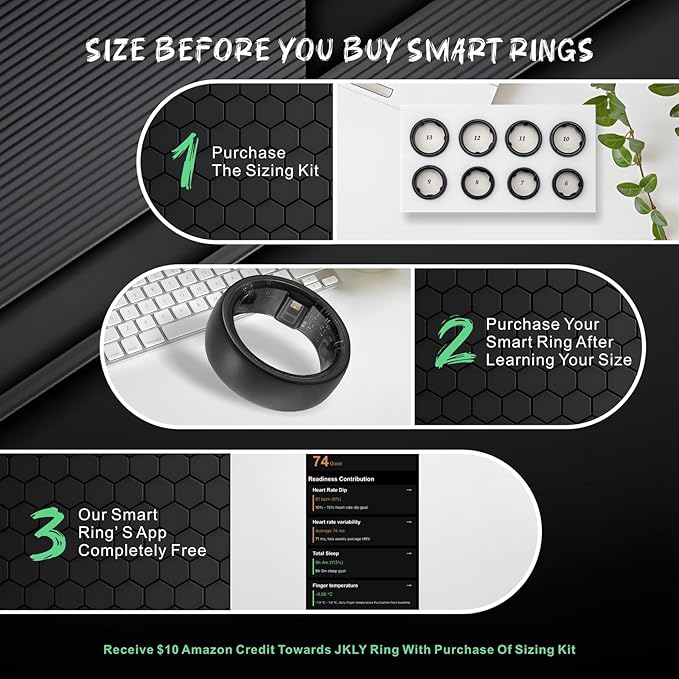 Smart Ring, Activity Trackers, Sleep Ring, Fitness Tracking, Stress Tracker, Heart Rate, Meditation, Temperature, Respiratory, No App Subscription, Women, Men, iOS, Android (Sizeblack, Sizing)