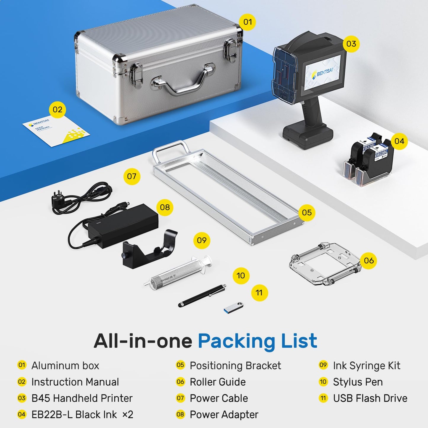 BENTSAI B45 Handheld Inkjet Printer with 2 Inch Print Height for High Definition Batch Coding EXP Date Marking Product Labeling on Carton Wood Plastic Metal Fabric Glass Aluminum