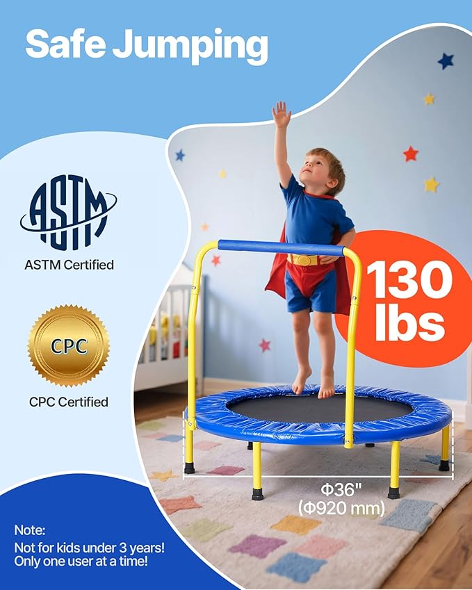 VEVOR 3FT Trampoline 36" Indoor/Outdoor for Toddlers, Foldable Mini Baby With Foam Handle, Recreational Birthday Gift