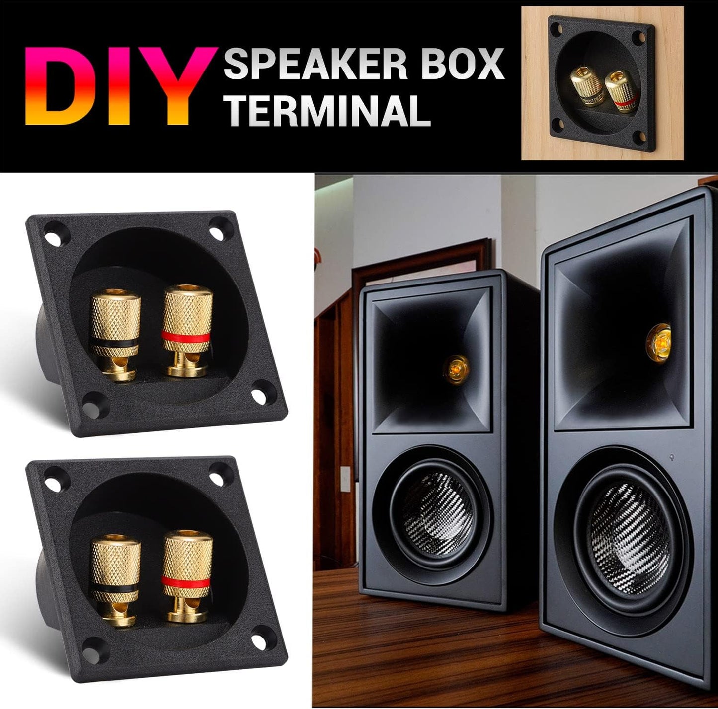 Facmogu 2PCS 2.2 Inch 2-Way Square Speaker Box Terminal Cup with Banana Plugs, Screw Type Binding Post Subwoofer Box
